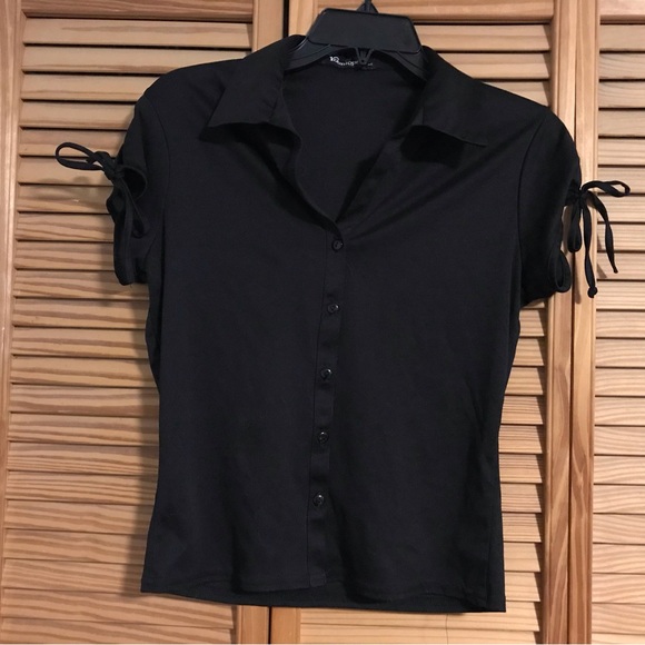 Younique Junior Girls Black Button-Down Shirt with Tie Sleeves - Picture 1 of 4